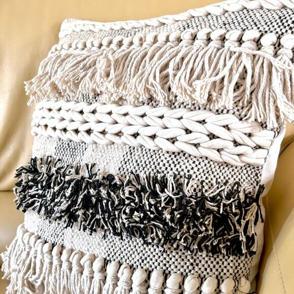 Contemporary Boho Woven Beige Dark Gray Tasseled Tufted 18" Throw Pillow Cover - Picture 2 of 5
